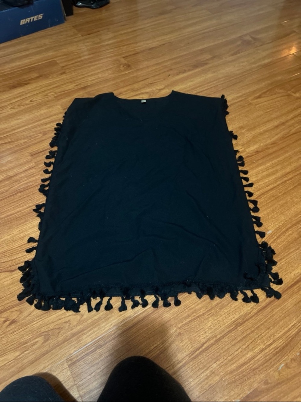 Black Tassel Trim Beach Cover Up Poncho Boho Swim Cover Size A